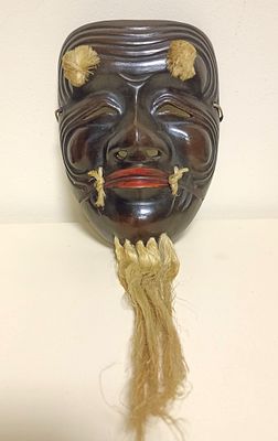 Коллекционная японская маска театра Кабуки. Резное дерево, ручная роспись. Размер: 22х18 см.