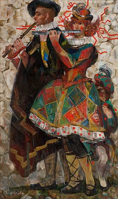 [Большой формат] Баранова Маргарита. "Карнавальные музыканты".	2009 г., 	110x65 см., 	холст, масло. 