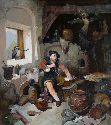 [Большой формат] Андреев Василий. "Алхимик" , 2015 г.	 90x80 см. Холст, масло, рама.