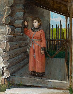 [Большой формат] Богатов Илья.
На крыльце (портрет жены), 2013г., 	99x78см, холст, масло.
. Родил 