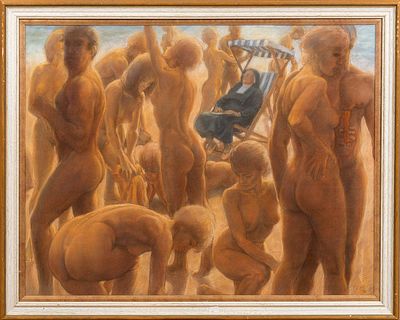 Неизвестный художник, "Нудистский пляж", 64х83см., пастель.