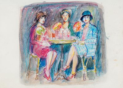 Попенко Люся &laquo;Подружки&raquo; 28x38 см. Бумага, акварель. Оформлена в паспарту и раму под стеклом.