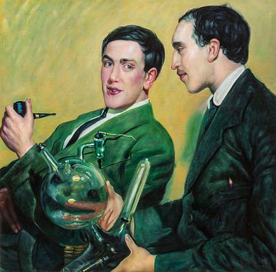 Кустодиев Борис. &laquo;Портрет профессора Петра Капицы и профессора Николая Семенова&raquo;, 1921г. Холст 