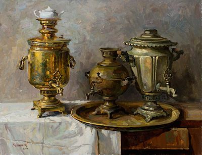 Калинин Михаил Алексеевич "Самовары" 70х90 см, 2014 г. Холст, масло. Родился в 1971 г. в городе 