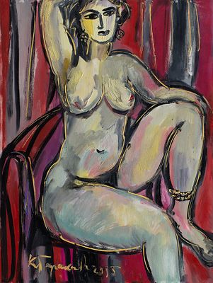 Тараканова Ксения. "Ню на полосатом", 	2015г., 	80x60см., 	холст, масло. Окончила Всероссийский 