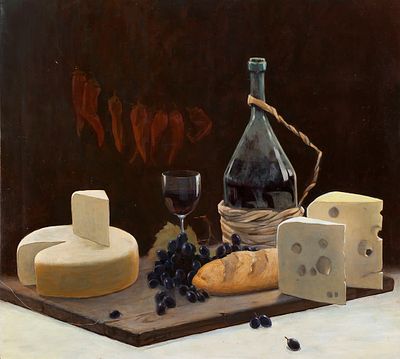 Курилко И., Натюрморт с сыром и вином , 2013, 70х80, х.м., Лауреат Гранта МФКД,