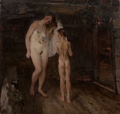 [Очень большой формат] Дик Наталья. В старой баньке, 1990г., 142х137см., холст, масло. Член 