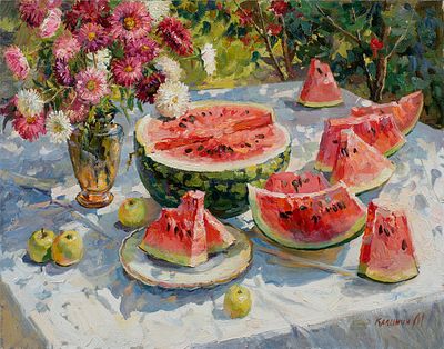 Калинин Михаил "Арбузы с астрами" 70х90 см, 2014 г. Холст, масло.