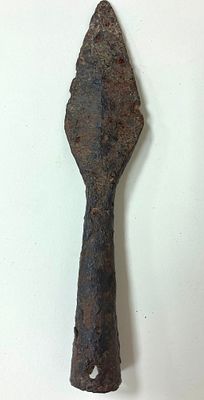 Древняя гаста (острый наконечник копья). 
Бронза.
Оригинал.
Найден на стоянке Римских легионов 
