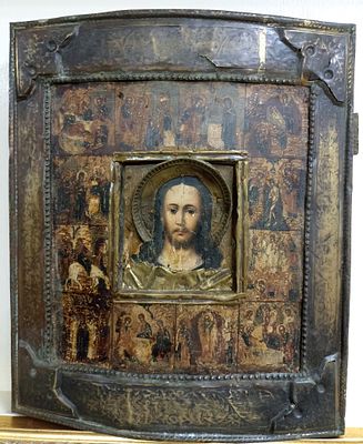 [Сертификат] Старинная икона &laquo;Господь Вседержитель&raquo; в раме с двенадцатью праздниками&raquo;, в 