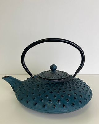 Чайник тетсубин 鉄瓶 традиционной формы.
Плоский корпус декорирован рельефными графическими 