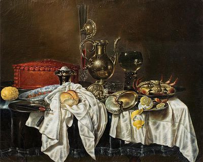 Heda, Willem Claeszoon, Still-Life with Pie, Silver Ewer and Crab, 1658. Хеда, Виллем Клас 