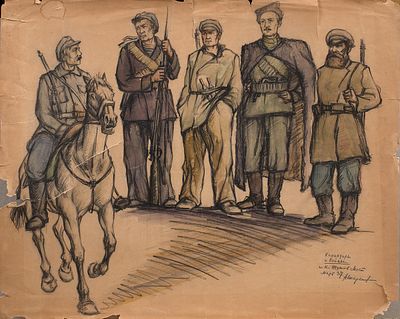 Жаренов Александр Сергеевич (1907-1985), 
ученик А.Лентулова. Командиры и бойцы, 1937, 54х66 