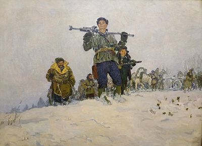 Соцреализм. Неизвестный художник (Копия с картины Г.И. Кириченко). Партизаны, 1970-е. 76х58см. 