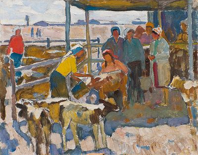 Чижонков Александр Тимофеевич (1930-2008). На ферме, 1970-е гг., 31,5 x 40 см, картон, масло	 
. 