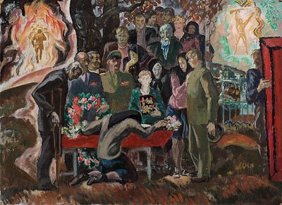 Кожанов Евгений Григорьевич, Похороны ветерана, 1998, 50x69,5, картон, темпера.
. Живописец-монум 