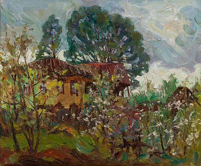 Долгашев Константин, Заслуженный художник РФ, "Вишня зацвела" 50х60 см, 2004 г. Холст, масло. Ко 