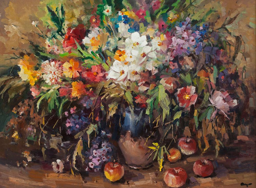 [Большой формат] Агеев Иван Иванович "Цветы и фрукты" 90х120 см, 2003 г. Холст, масло. Агеев 
