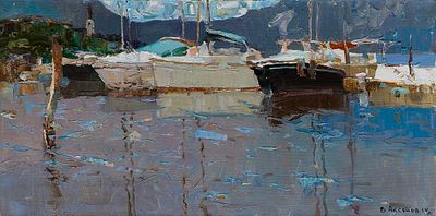 Аксёнов Владимир "Лодки. Прчань" 30х60 см, 2014 г. Холст, масло. Лауреат Гранта Международного 