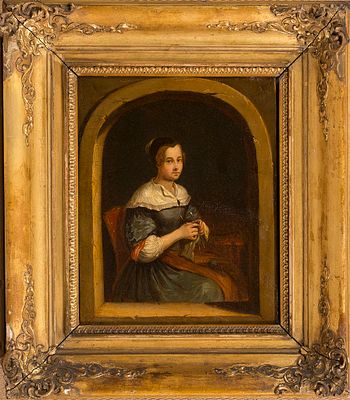 XIX в. Виллем ван Мирис (последователь). &laquo;Портрет дамы со спицами&raquo;, деревянная панель, масло 