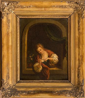 XIX в. Виллем ван Мирис (последователь). &laquo;Портрет дамы с птицей&raquo;, деревянная панель, масло 