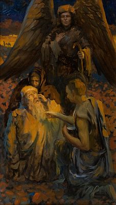 Агжигитов Ильдар "Исцеление слепого отца. Товий и Ангел" 2008 г., 83х48 см, холст, масло.