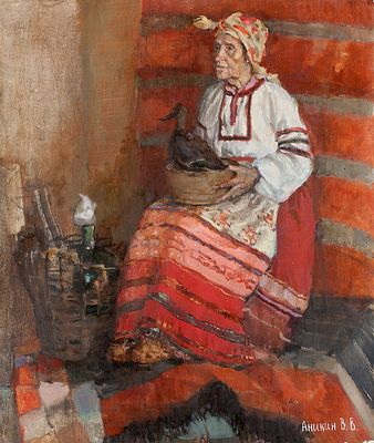 Аникин Василий "Бабушка с уткой" 2003 г., 70х60 см, холст, масло.