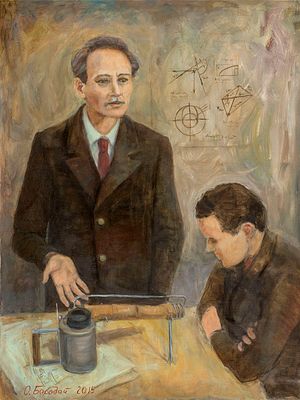 [Большой формат] Бородай Ольга "Ф.А. Цандер показывает С.П. Королеву свое изобретение" 2015 г. 