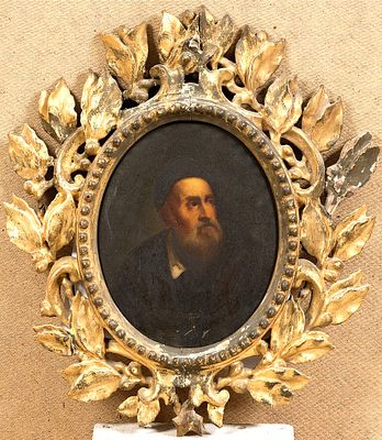 XIX в. Портрет Тициана в старинной итальянской раме с золочёной резьбой в виде листьев и 
