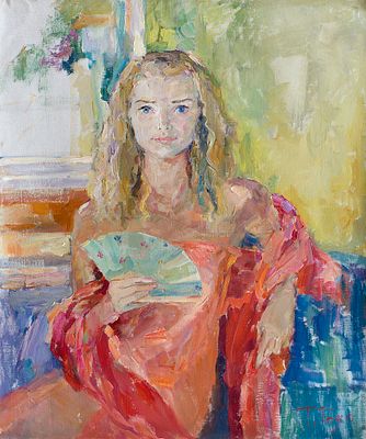 Годовальникова Татьяна "Девушка с веером" 2014 г. 90х70 см, холст, масло. Годовальникова 