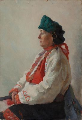 Грузд Валерий "Натура в национальном костюме" 1996 г., 70х49 см, холст, масло. Валерий 