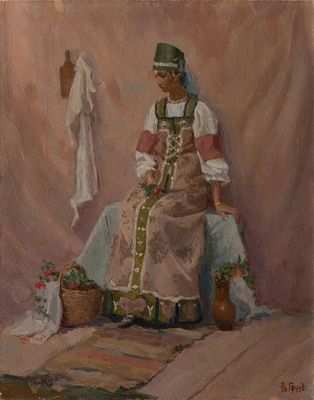 Грузд Валерий "Русские красавицы. Девушка в праздничном сарафане" 1996 г., 58х49 см, холст, масло. 