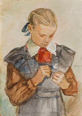 Комаров Евгений Иванович (1913-1995) "Пионерка", 	1959 г. 35,5 x 25, бумага, акварель.
. Евгений 