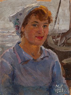 Гуменных Михаил Васильевич (1925-2016) &laquo;Портрет девушки в косынке&raquo; 17х14 см, 1957 г. Оргалит, масло.