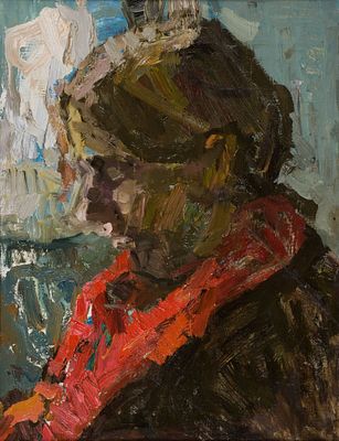 Данюкова Наталья "Портрет мальчика в красном шарфе" 2002 г. 40х30 см, холст, масло.