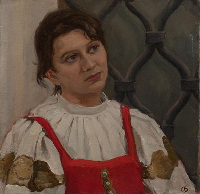 Зубцов Сергей "Портрет девушки в красном сарафане" 1997 г. 39х39 см, холст, масло. Сергей 