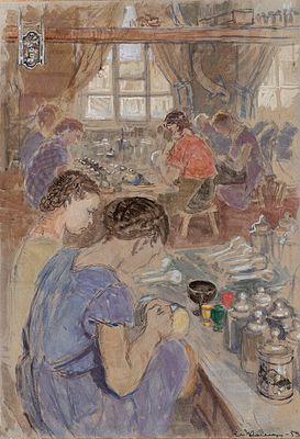 Комаров Евгений Иванович (1913-1995) "Бригада по хохломской росписи" 1959 г., 50х35 см, бумага 