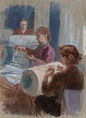 Комаров Евгений Иванович (1913-1995) "Кружевницы" 1958 г., 36,5 х 49,6 см, бумага, гуашь. Евгени 