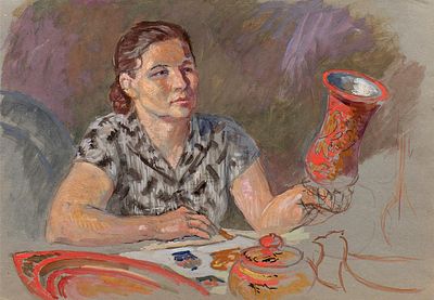 Комаров Евгений Иванович (1913-1995) "Мастер палехской росписи" 1959 г., 35х50 см, бумага, гуашь. 