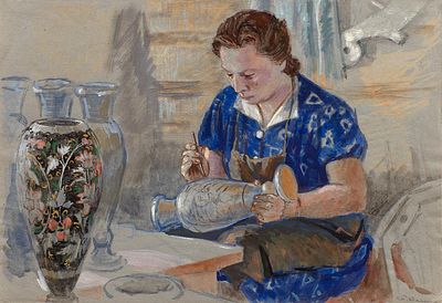 Комаров Евгений Иванович (1913-1995) "Мастер росписи по фарфору" 1959 г., 34х50 см, бумага, гуашь. 