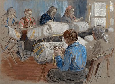 Комаров Евгений Иванович (1913-1995) "Мастерицы" 1958 г. 50х37 см, бумага, гуашь. Евгений 