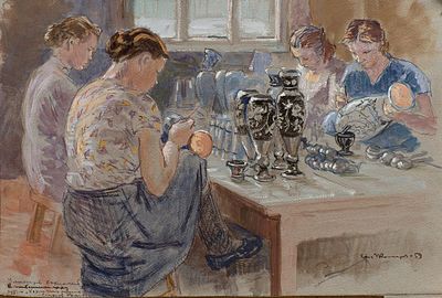 Комаров Евгений Иванович (1913-1995) "У мастеров хохломской росписи" 1959 г. 33 х 48,5 см 