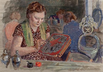 Комаров Евгений Иванович (1913-1995) "Художница за работой" 1959 г. 25х36 см, бумага, акварель. 