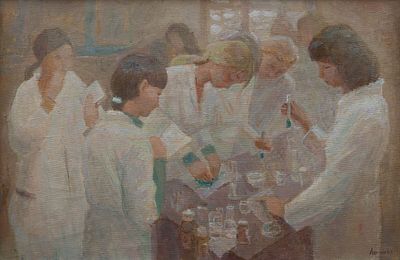 Логунова Татьяна "В лаборатории" 2003 г. , 40х60 см, холст, масло. Татьяна Сергеевна Логунова 