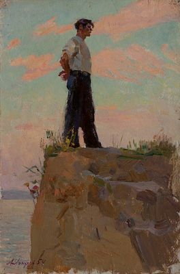 Лопухов Александр Михайлович (1925-2009) "На краю пропасти" 1954 г. 35х23 см, картон, масло. Але 