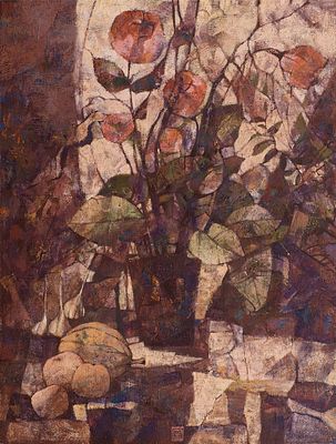 Мельгунова Ольга "Цветы и фрукты" 2005 г., 65х50 см, холст, темпера. Ольга Мельгунова родилась 