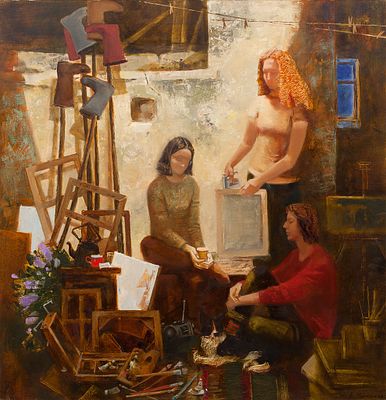 Мурашёва Елена "На практике" 2008 г., 90х90 см, холст, масло. Родилась в 1982 г. Ленинграде. 