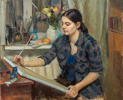 [Большой формат] Никитина Мария "За работой" 2014 г. 95х114 см, холст, масло. Оформлена в раму. 