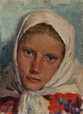 Павлов Валерий Васильевич "Портрет девочки" 1956 г., 24х18 см, картон, масло.