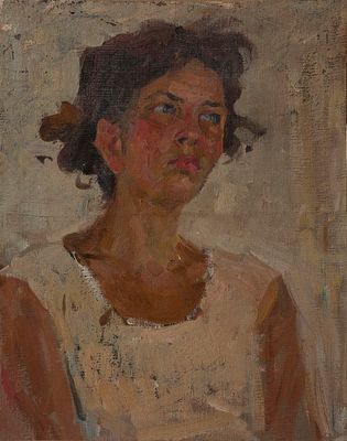 Павлов Валерий Васильевич "Портрет девушки" 1959 г., 42 х 32,5 см, холст, масло. Холст сшит из 